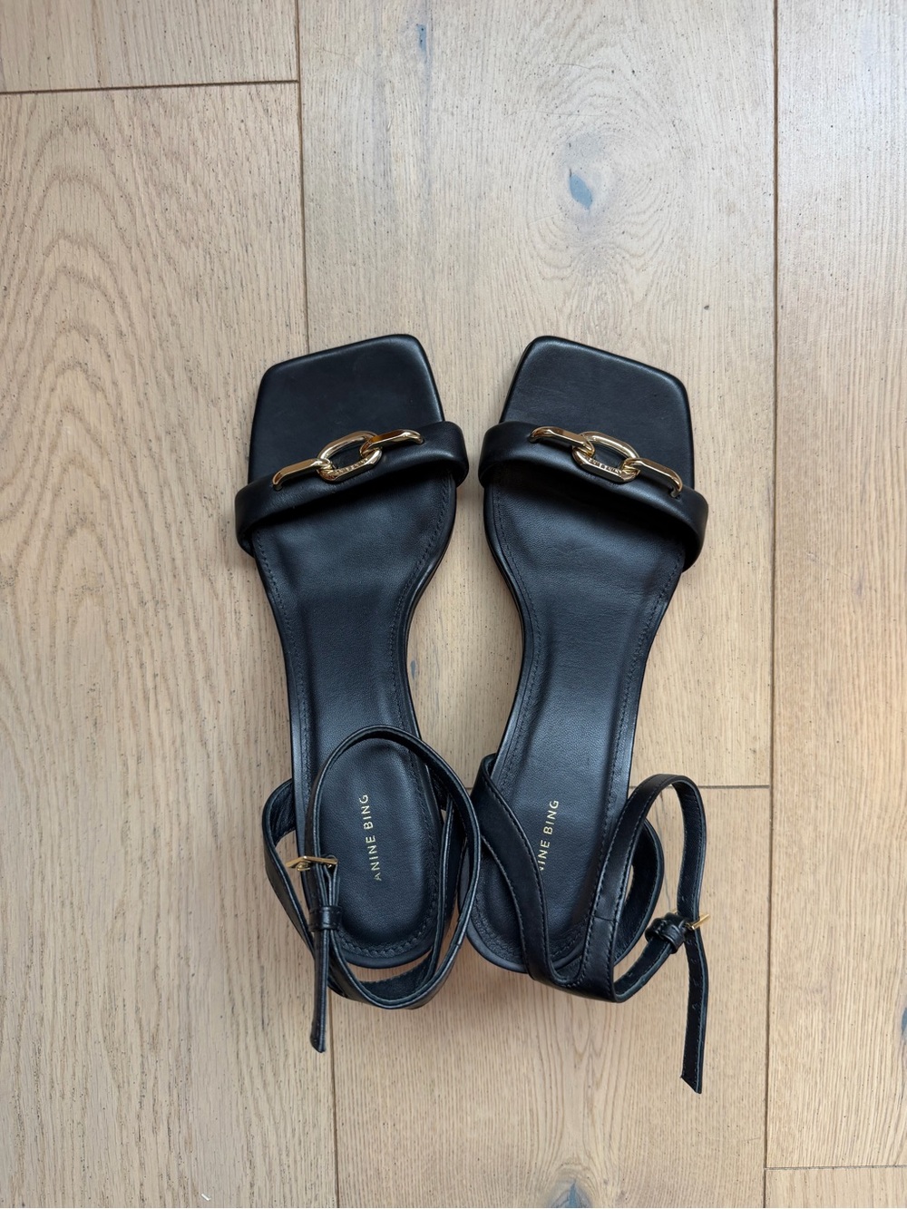 ANINE BING Black Leather Square-Toe Heeled Sandals with Gold Chain
